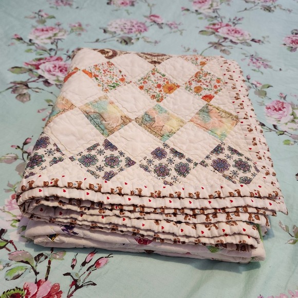 Handmade Other - Vintage Handmade Patchwork Quilt Throw Blanket Teddy Bear Print Cottagecore